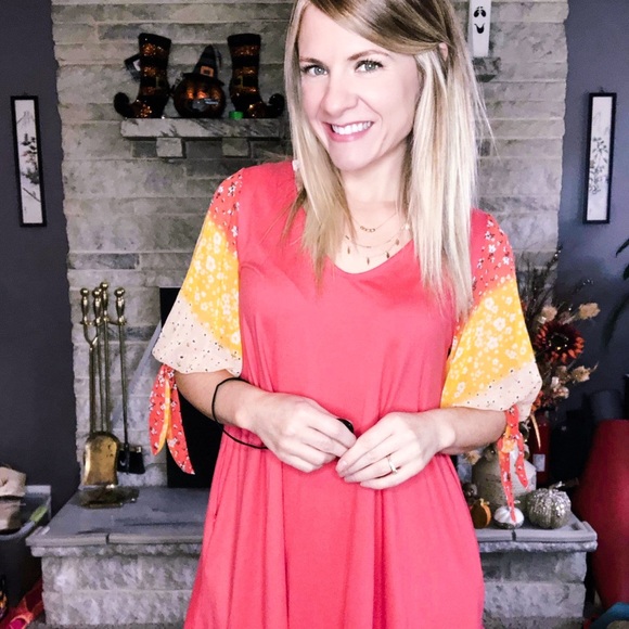 NWT Coral Dress with Floral Chiffon Sleeves - Picture 5 of 7